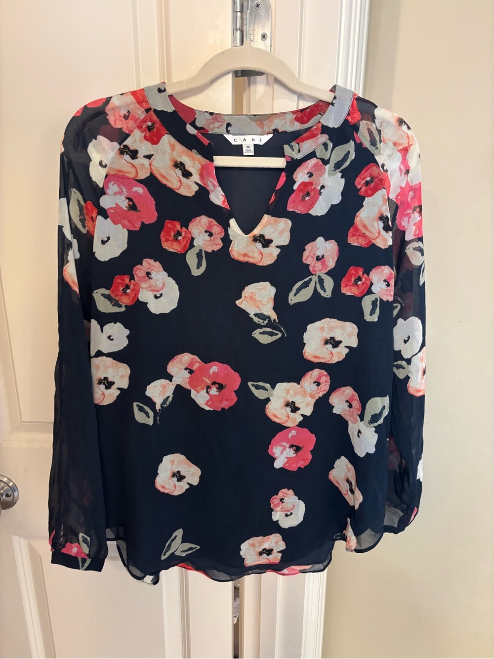 CAbi Navy Floral Keyhole Blouse with red, pink & cream Blooms
